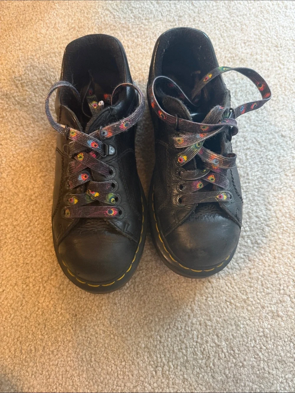 Dr. Marten 10940. Black Leather Platform Lace-Up Shoes with Yellow Stitching -